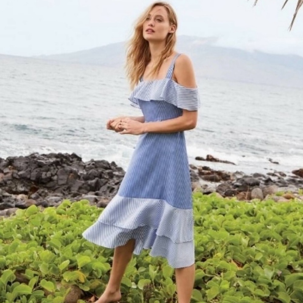 J. Crew Silk Stripped Summer Dress Ruffle Shoulder Lined Size 2 Classy Feminine